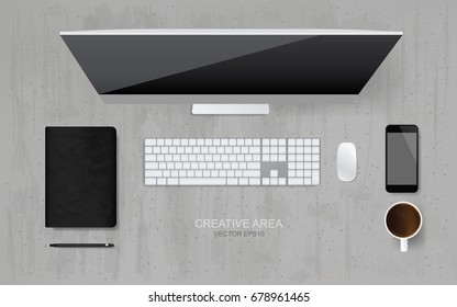 Top view of working space area and office object set. - Computer, keyboard, mouse, smartphone, coffee cup, notebook and pencil on grunge concrete texture background. Vector illustration.