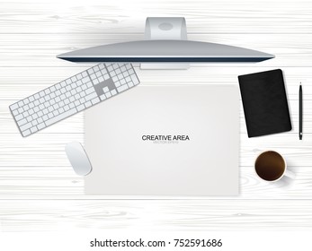 Top view of working space area with computer display on wooden background and office object set. Vector illustration.