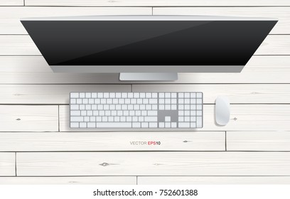 Top view of working space area with computer display on wooden background. Vector illustration.