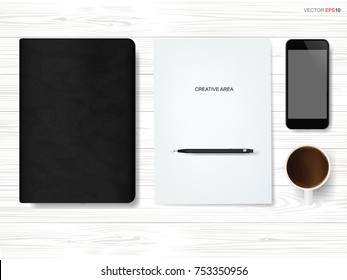 Top view of working space background with coffee cup, smart phone, notebook and white paper sheet on white wooden background. Vector illustration.
