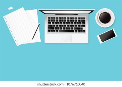 Top view working space, desktop office, laptop, notebook on blue background vector illustration
