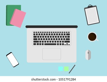 Top view of working space with laptop, smartphone, coffee, mouse, and book on blue background, Flat style modern