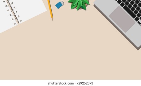 Top view of working space on  business desk with laptop and empty working notebook with copy space for your text 