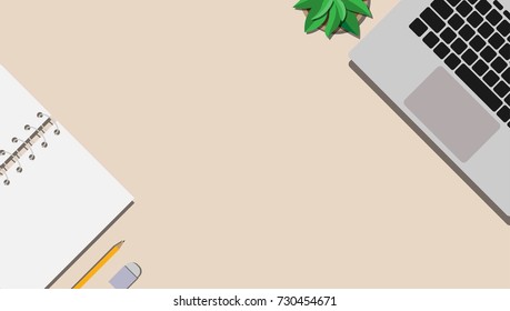 Top view of working space on  business desk with laptop and empty working notebook with copy space for your text 
