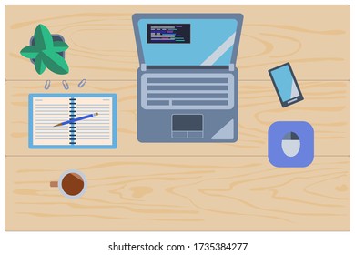Top view of Working Table. Labtop on wooden taable. Idea for work at home. Vector design illustration in flat style.
