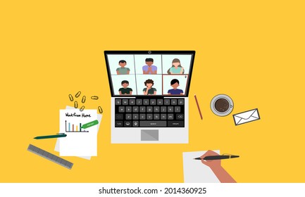 Online-Videokonferenzen mit Top-View, Work from home concept.