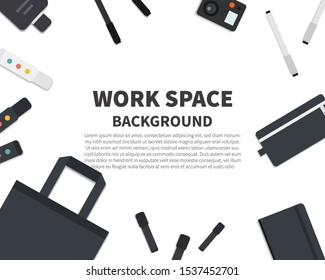 Top view of workplace background with bag, notebook, pen, action camera, marker, pencil case. Vector background with copy space. Flat lay style vector. Vector illustration.