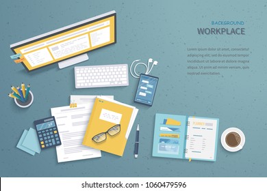Top view of workplace background, monitor, keyboard, notebook, headphones, phone, documents, folder, planner, calculator, coffee. Workspace, analytics, optimization, management. Vector