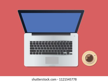 Top view of workplace background, monitor, keyboard,coffee. vector