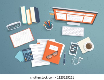Top view of workplace background, monitor, books, notebook, headphones, phone, documents, folder, planner, calculator, coffee. Workspace, analytics, optimization, management. Vector