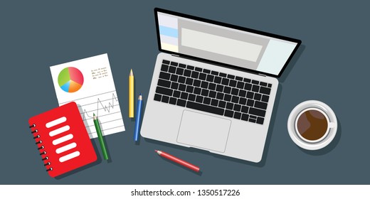 Top view of workplace background, monitor, keyboard, notebook, headphones, phone, documents, folder planner calculator coffee Workspace analytics optimization management Vector
