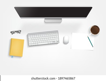 Top view of workplace background, monitor, keyboard, notebook, phone, documents, planner, coffee. Workspace, analytics, optimization, management. Vector