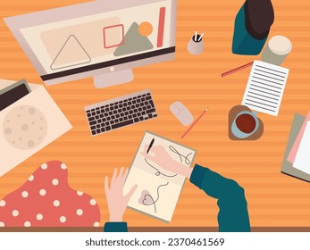 Top view of workplace background, monitor, keyboard, notebook, headphones, phone, documents, folder, planner, calculator, coffee. Workspace, flat cartoon Vector illustration.