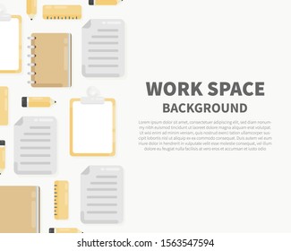Top view of workplace background with papers, notebook, pencil, clipboard. Office workspace with stationery in top view. Flat lay style. Vector background with copy space. 
