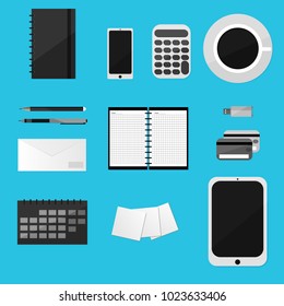 Top View of Workplace with Business Work Flow Items and Gadgets. Flat design vector illustration.