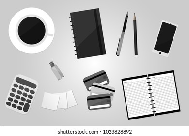 Top View of Workplace with Business Work Flow Items and Gadgets. Flat design vector illustration.