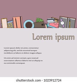 Top View of Workplace with Business Work Flow Items and Gadgets. Flat design vector illustration.