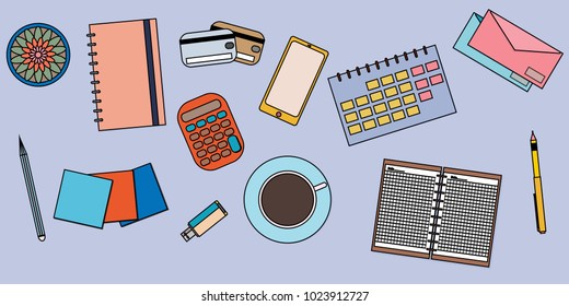 Top View of Workplace with Business Work Flow Items and Gadgets. Flat design vector illustration.