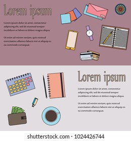 Top View of Workplace with Business Work Flow Items and Gadgets. Flat design vector illustration.