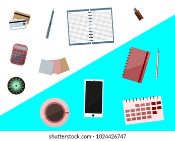Top View of Workplace with Business Work Flow Items and Gadgets. Flat design vector illustration.