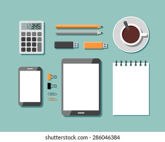 Top View of Workplace with Business Work Flow Items and Gadgets. Flat design vector illustration