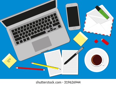 Top View of Workplace with Business Work Flow Items and Gadgets. 