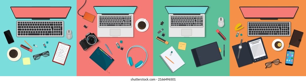 Top view of workplace with computer and digital wireless devices set vector illustration. Cartoon workspace with paper business documents, laptop, pen, coffee cup on office desk collection background