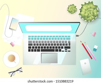 Top view of workplace containing laptop, mobile, pencil, eraser, mouse, glasses, cactus plant, paper pins and cup of coffee with plate. Editable vector illustration.