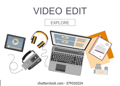 Top View Of Workplace With Devices For Video Edit, Tutorials And Post Production. Vector Illustration.  Flat Design Mockup Banner Website For Professional Movie Production, Video Edition.