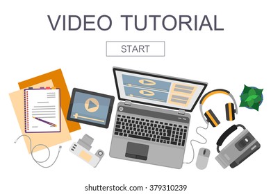 Top view of workplace with devices for video edit, tutorials and post production. Vector illustration.  Flat design mockup banner website for professional movie production, video edition.