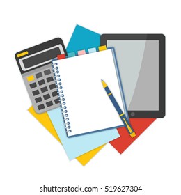 Top view of workplace with documents. Concepts for business analysis, consulting, and financial audit. Brainstorm and calculations. Vector illustration.