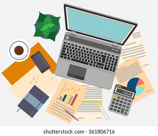Top view of workplace with documents and laptop. Concepts for business analysis, consulting, teamwork, project management, financial report and strategy. Vector illustration. 