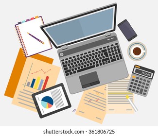 Top view of workplace with documents and laptop. Concepts for business analysis, consulting, teamwork, project management, financial report and strategy. Vector illustration. 