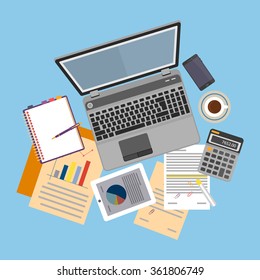 Top view of workplace with documents and laptop. Concepts for business analysis, consulting, teamwork, project management, financial report and strategy. Vector illustration. 