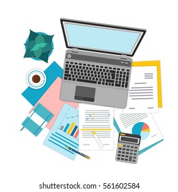 Top view of workplace with documents and laptop. Vector illustration.
