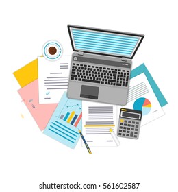 Top view of workplace with documents and laptop. Vector illustration.