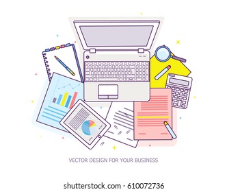 Top view of workplace with documents and laptop. Concepts for business analysis, consulting, teamwork, project management, financial report and strategy. Vector illustration.