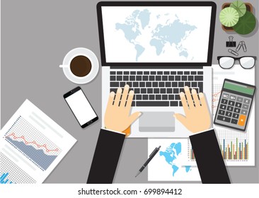Top view of workplace with documents and laptop. Concepts for business analysis, consulting, project management, financial report and strategy. Vector illustration.