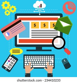Top view of workplace with financier working on computer using cloud storage, chatting with smartphone in flat design