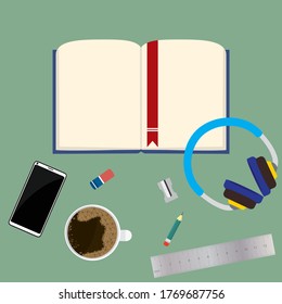 Top view of workplace. Flat design. Vector Illustration