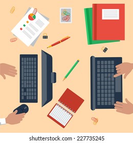 Top view of workplace hands with laptop, notebook, pencils, stationery pc and documents