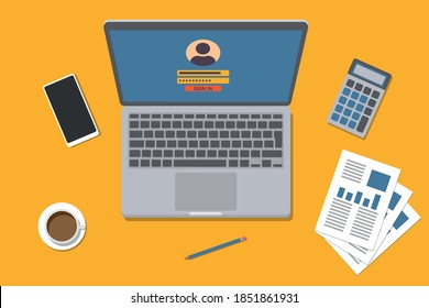 Top view workplace with laptop, cell phone, calculator, documents, pencil and coffee