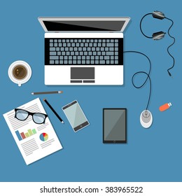 Top view of workplace with laptop and devices.vector-illustration