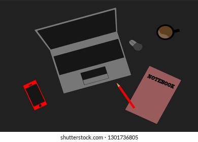 
Top view of workplace with laptop, notebook, pen, phone and coffee cup