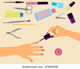Top view of the workplace manicurist. Vector illustration
