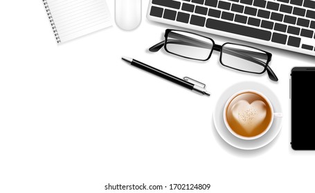 Top view workplace or office desk. Laptop with notebook and smart phone on table. Work from home and pandemic Covid-19 or Coronavirus quarantine concept. Vector illustration design.
