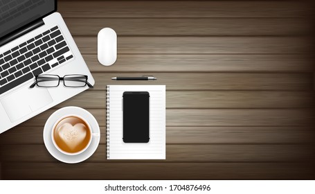 Top View Workplace Or Office Desk. Laptop With Notebook And Smart Phone On Table. Work From Home And Pandemic Covid-19 Or Coronavirus Quarantine Concept. Vector Illustration Design.