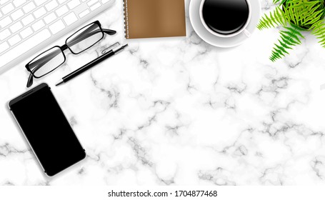 Top view workplace or office desk. Laptop with notebook and smart phone on table. Work from home and pandemic Covid-19 or Coronavirus quarantine concept. Vector illustration design.