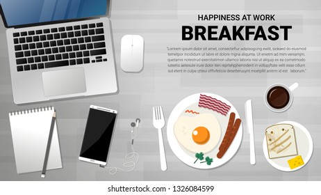 Top view of workplace on wooden table with notebook, mobile and breakfast, vector illustration