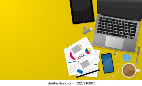 Top view of workplace on yellow color background with laptop, mobile and tablet, vector illustration